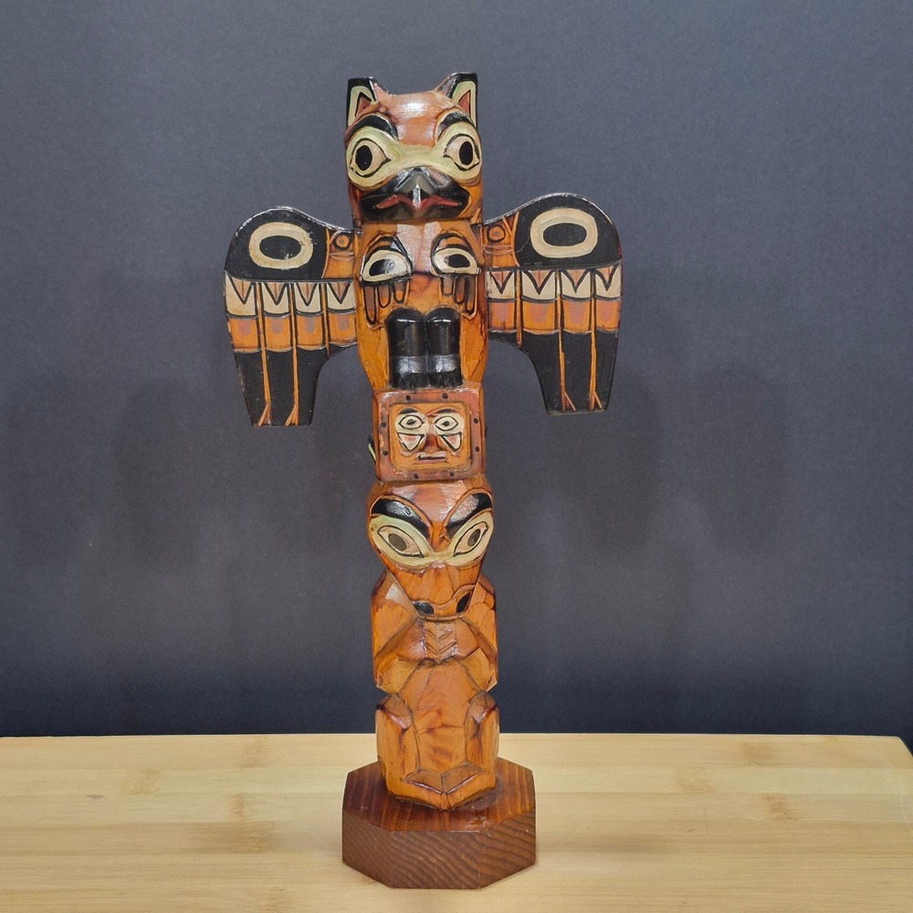 VTG 90s Patrick Seale Signed Totem Raven, Bear, and Sun Native Tribal Handmade